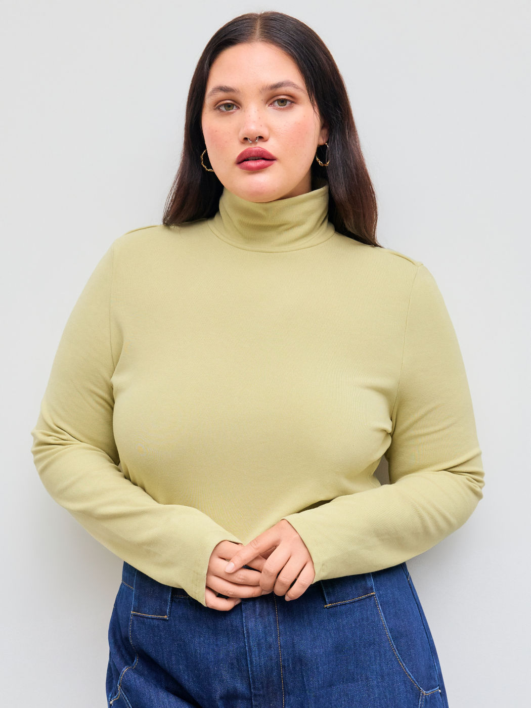 Solid High Neck Jersey Long Sleeve Tee Curve & Plus