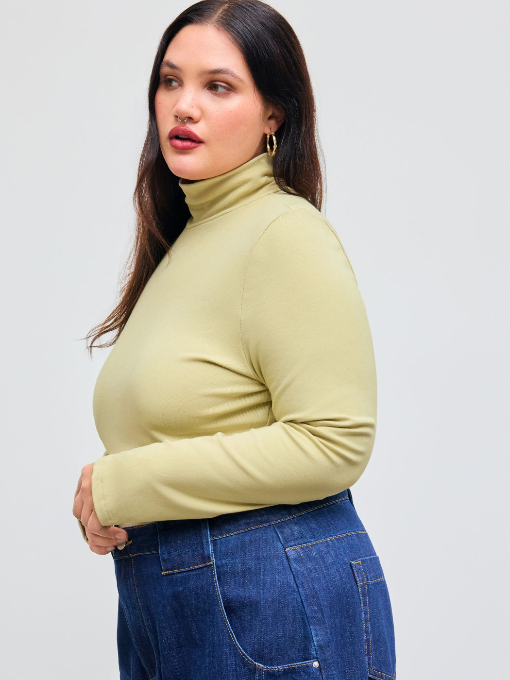 Solid High Neck Jersey Long Sleeve Tee Curve & Plus