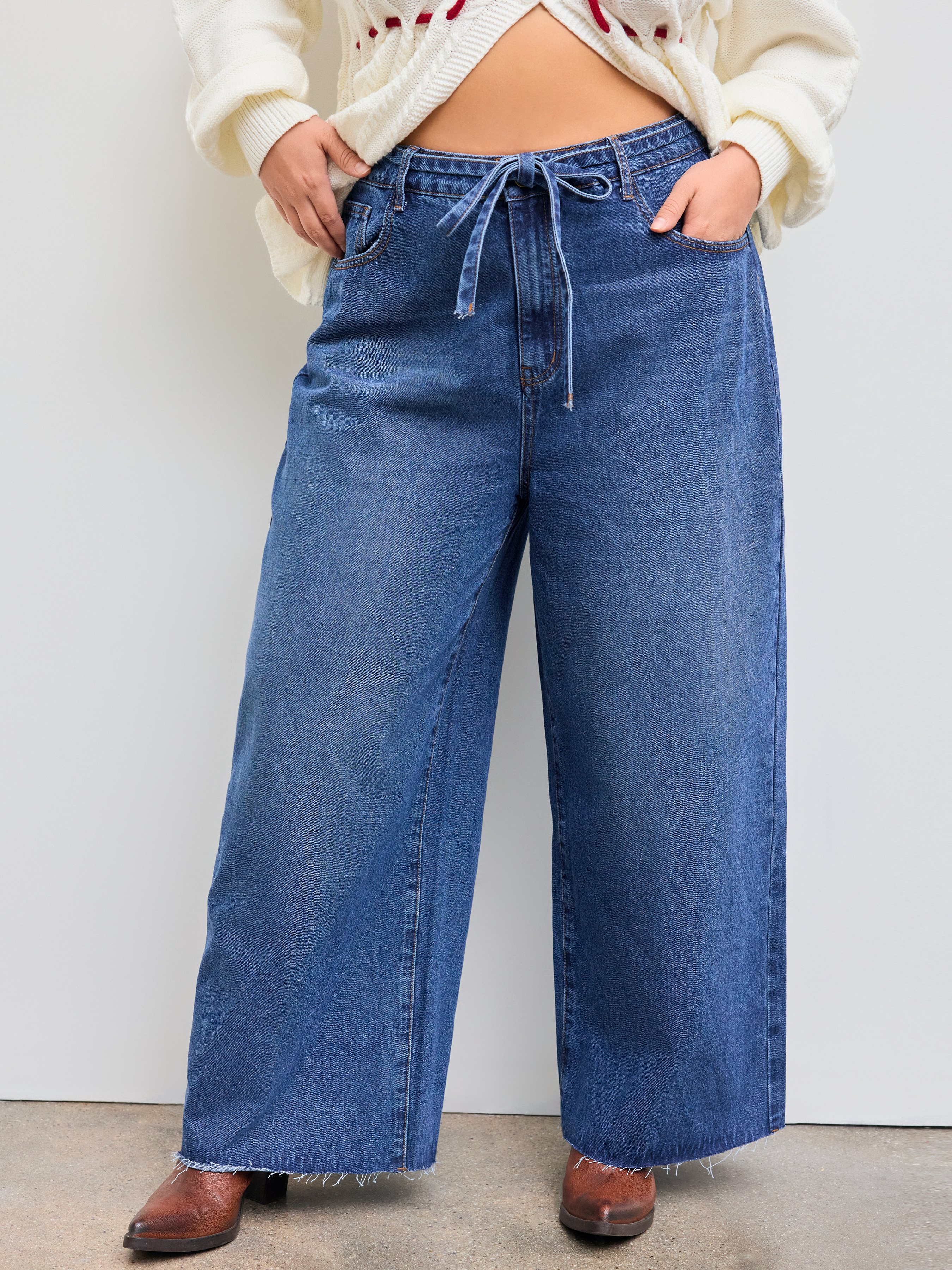 Jean a n ud papillon Denim Denim High Waist Bowknot Belted Wide Leg Jeans Curve Plus For Cafe Decontracte quotidien Travail