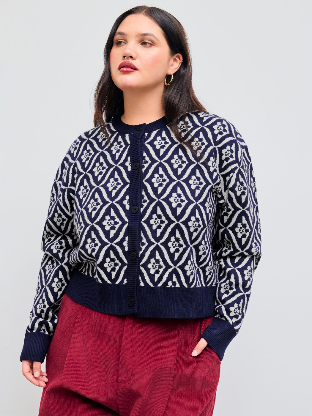 Knit Round Neckline Geometric Cardigan Curve & Plus
