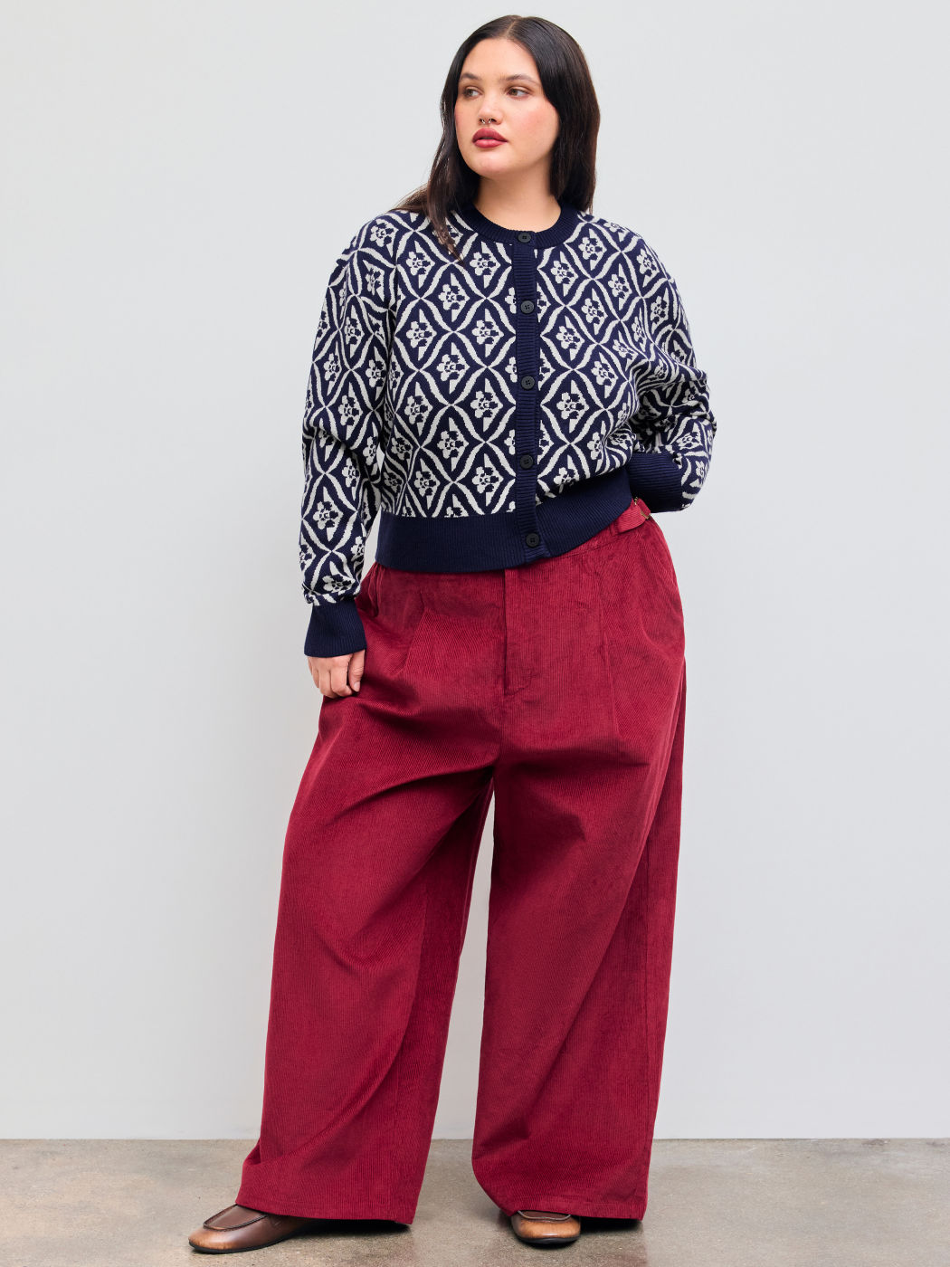 Knit Round Neckline Geometric Cardigan Curve & Plus