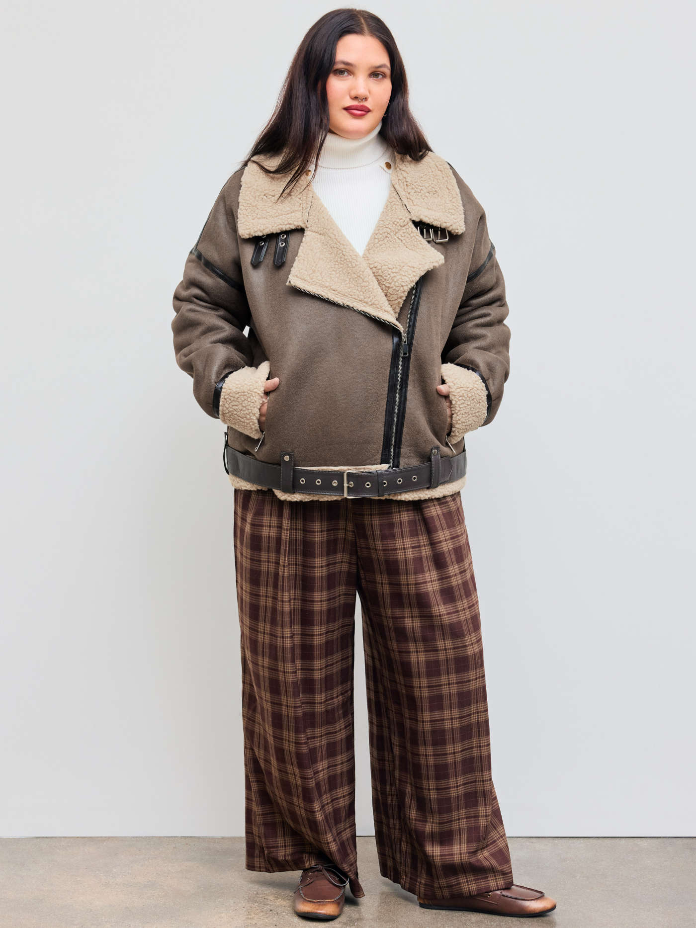 Faux Shearling Biker Jacket With Belt Curve & Plus