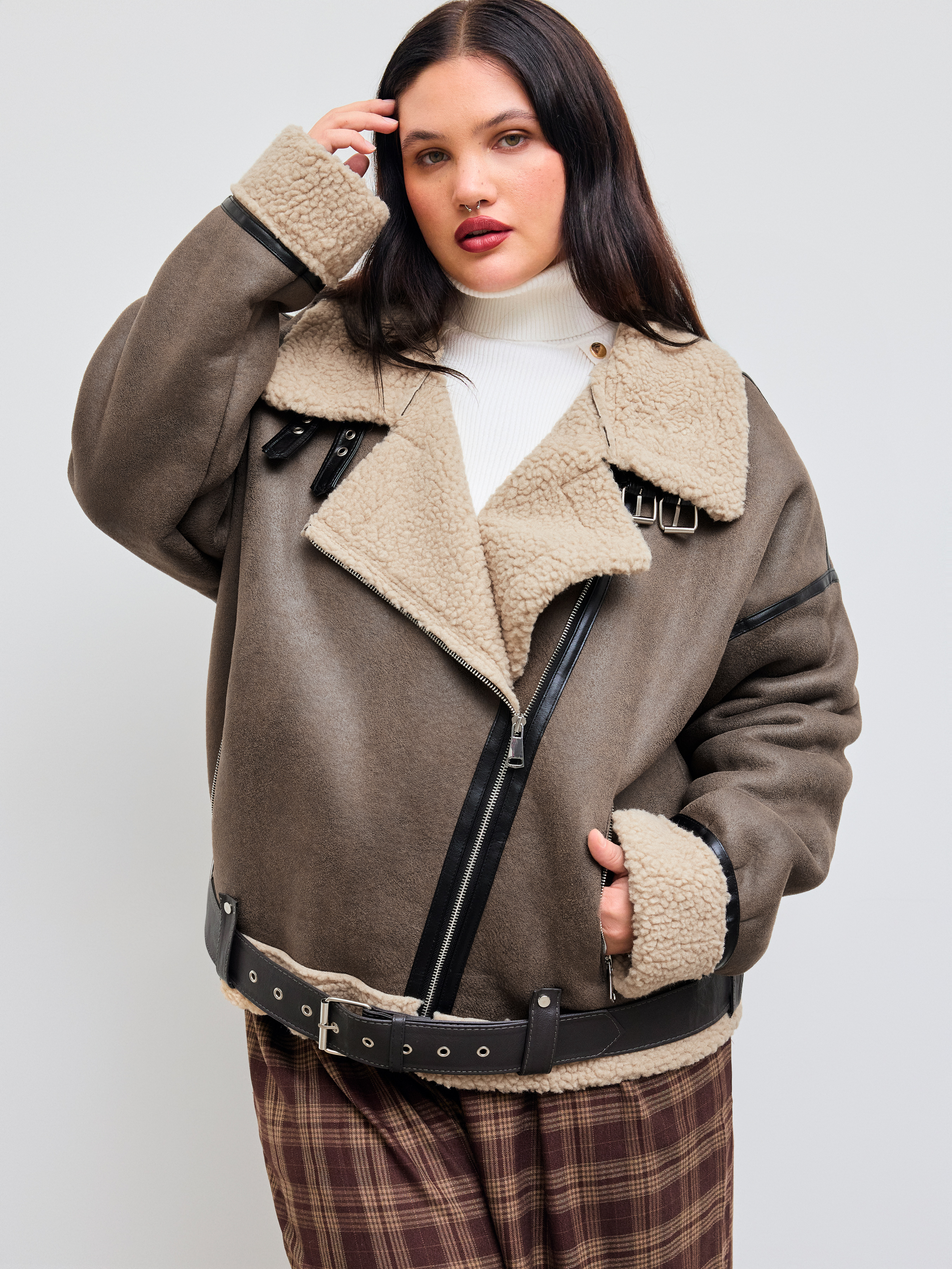 Faux Shearling Biker Jacket With Belt Curve & Plus