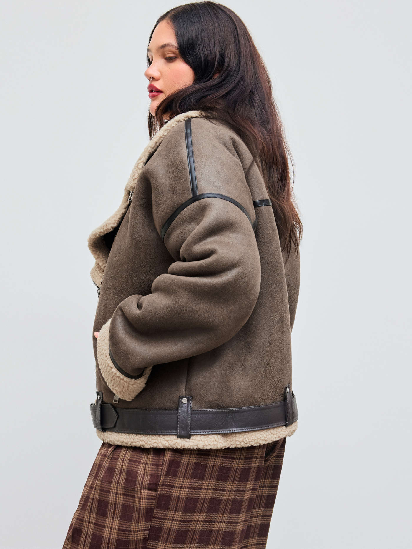 Faux Shearling Biker Jacket With Belt Curve & Plus