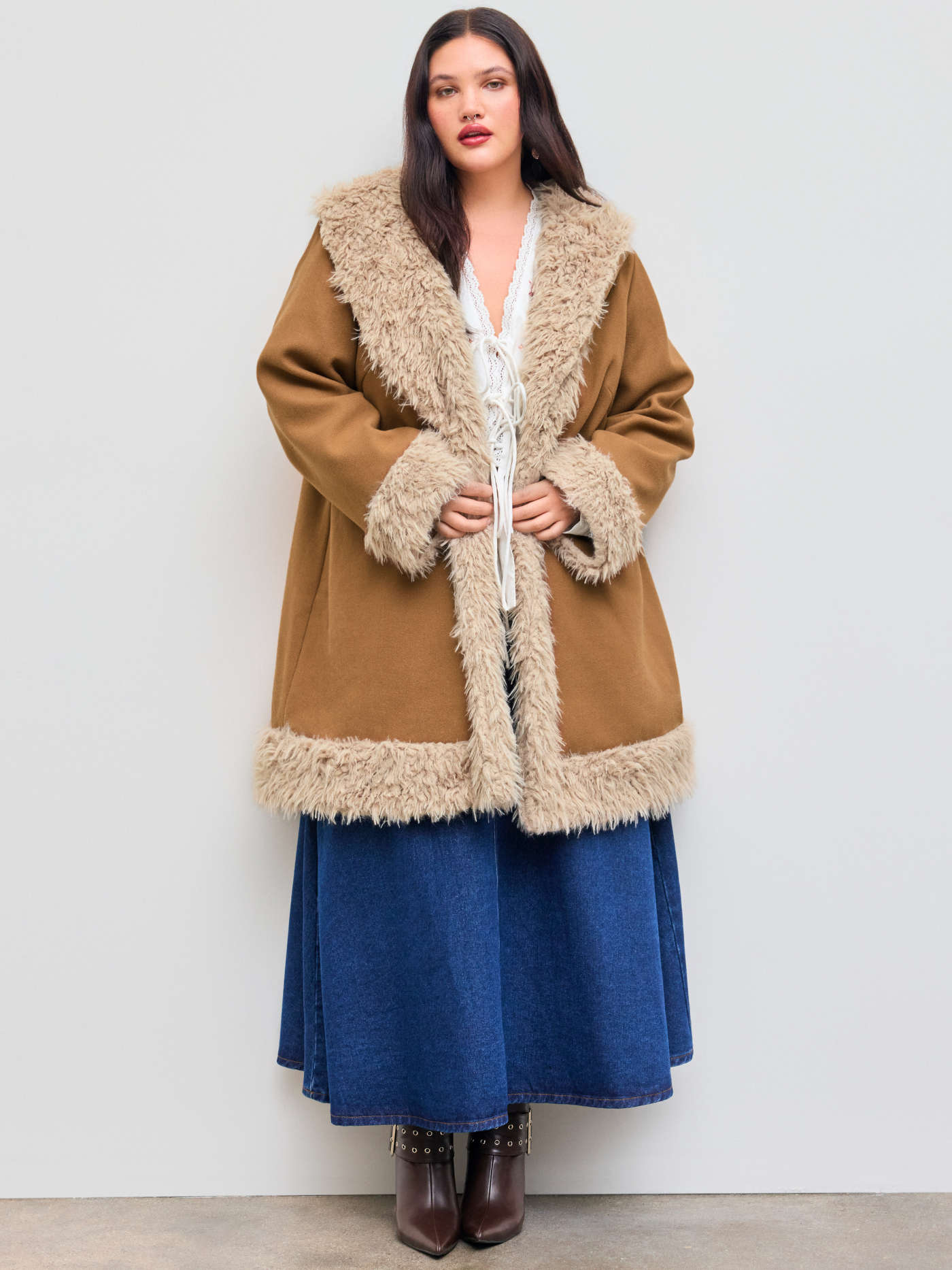 Faux Shearling Collar Solid Jacket Curve & Plus
