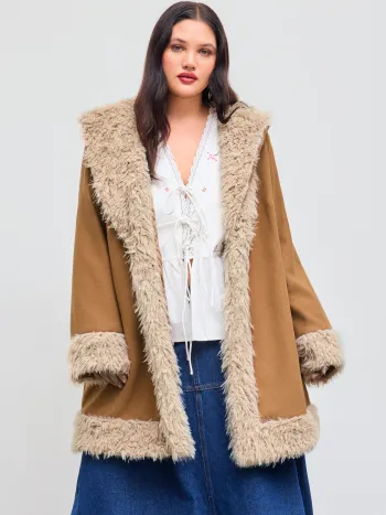 Faux Shearling Collar Solid Jacket Curve & Plus