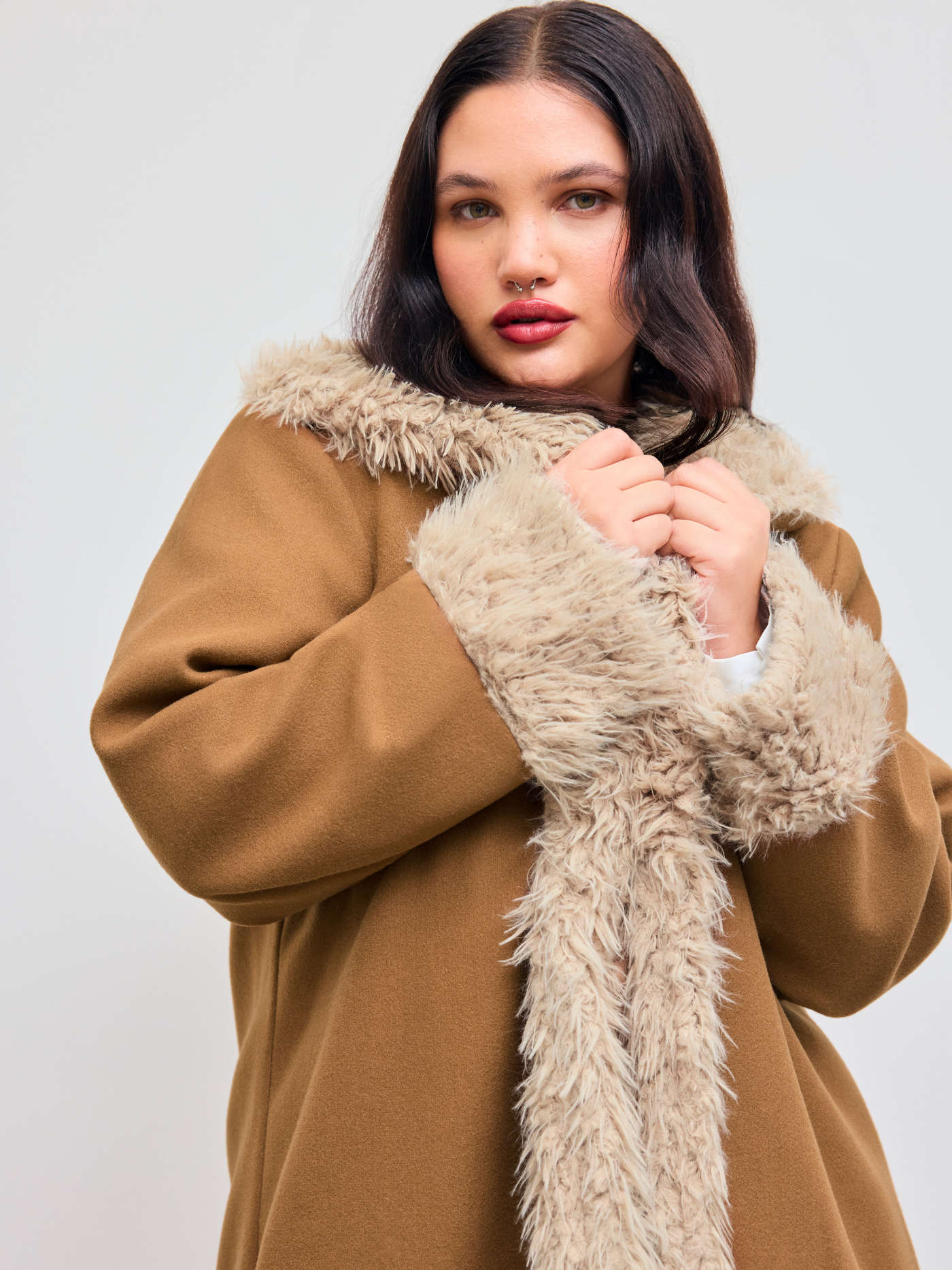 Faux Shearling Collar Solid Jacket Curve & Plus