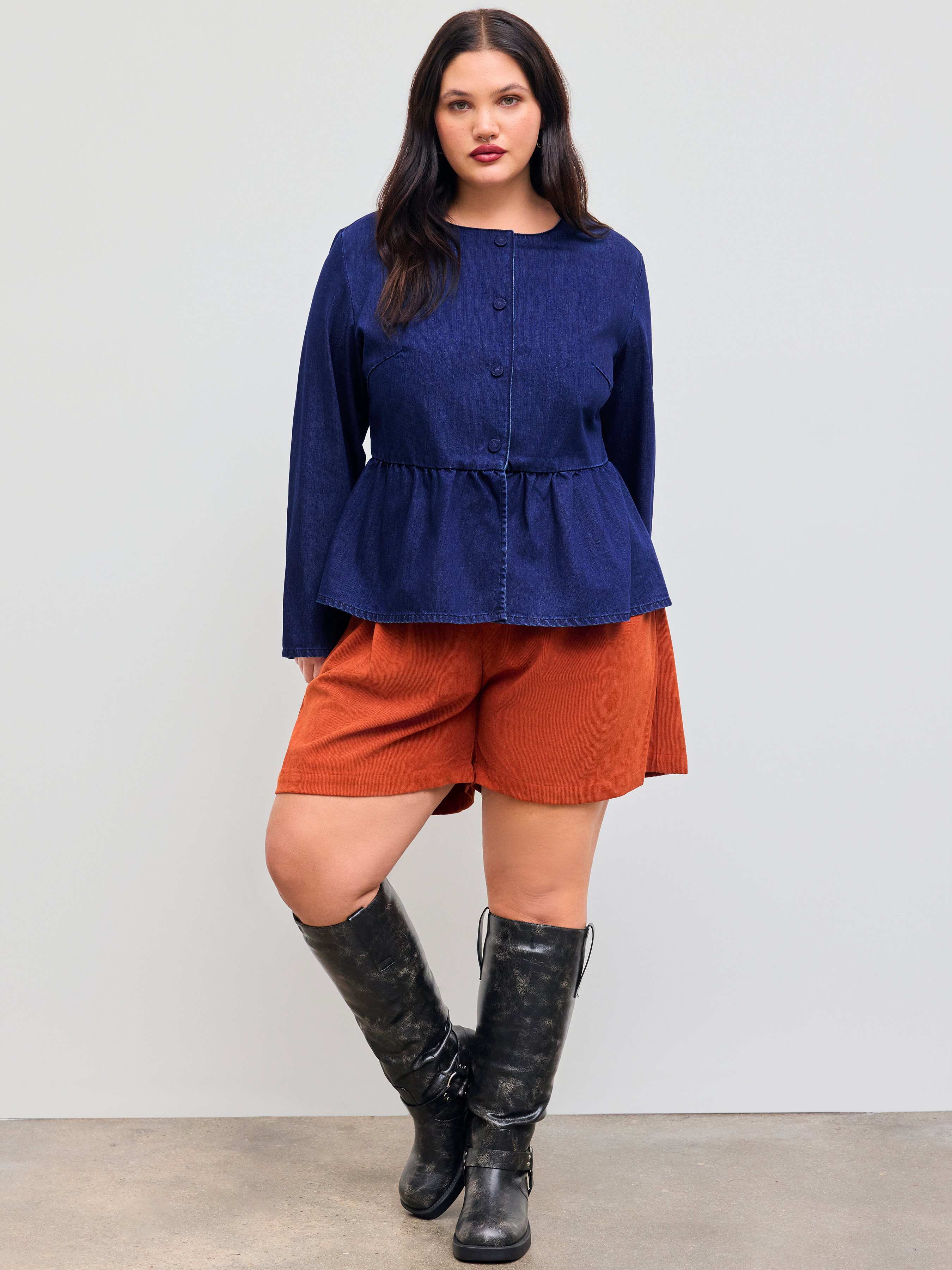 Denim Denim Round Neckline Solid Ruffle Hem Jacket Curve