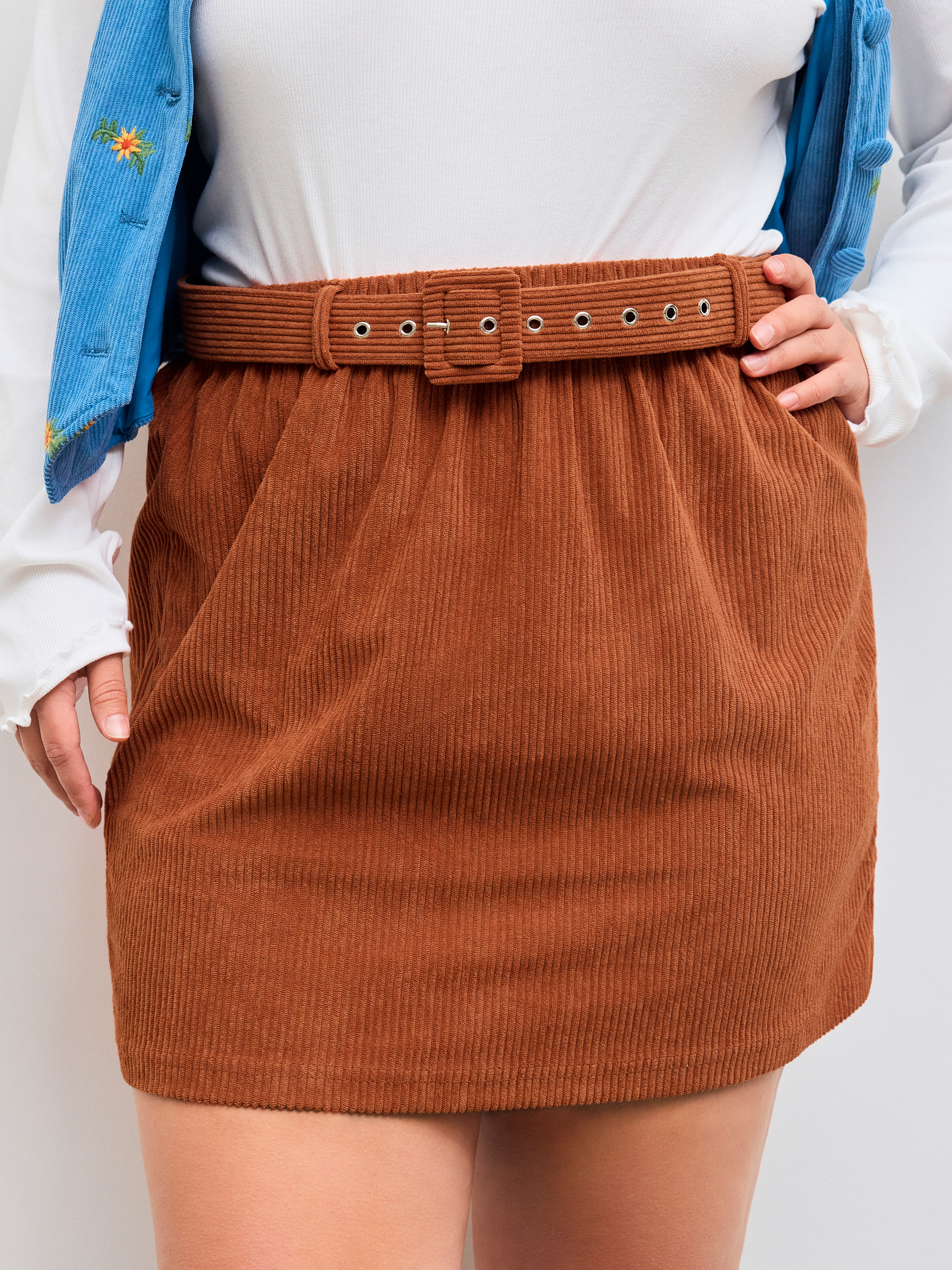 Corduroy Corduroy Mid Rise Solid Mini Skirt With Belt Curve Plus For Date