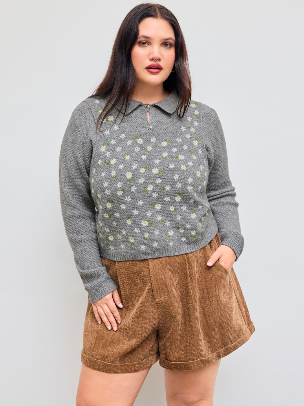 Blumen Langarm Strickoberteil Kurve & Plus