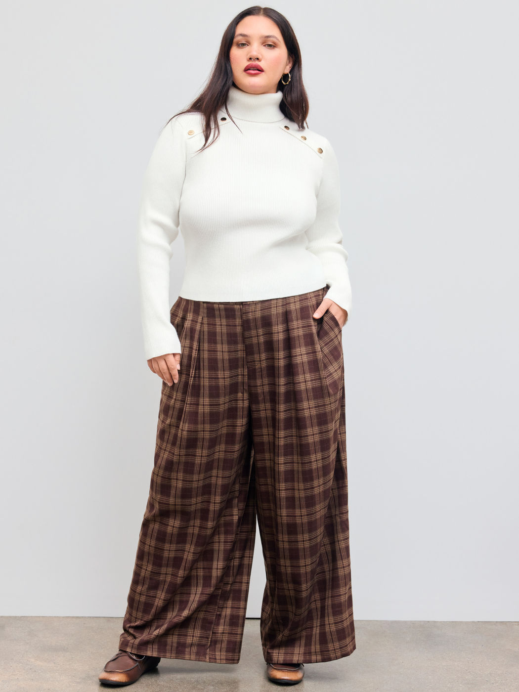 Knit Turtleneck Solid Button Long Sleeve Top Curve & Plus