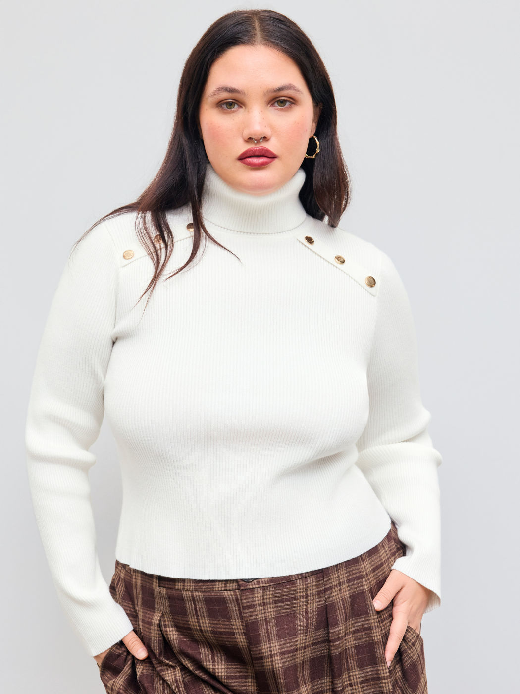 Knit Turtleneck Solid Button Long Sleeve Top Curve & Plus