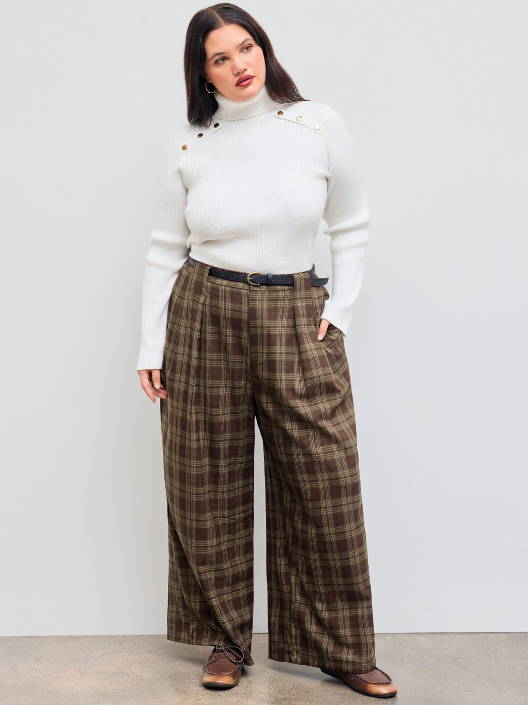 Mid Rise Check Pocket Wide Leg Trousers With Belt Curve & Plus