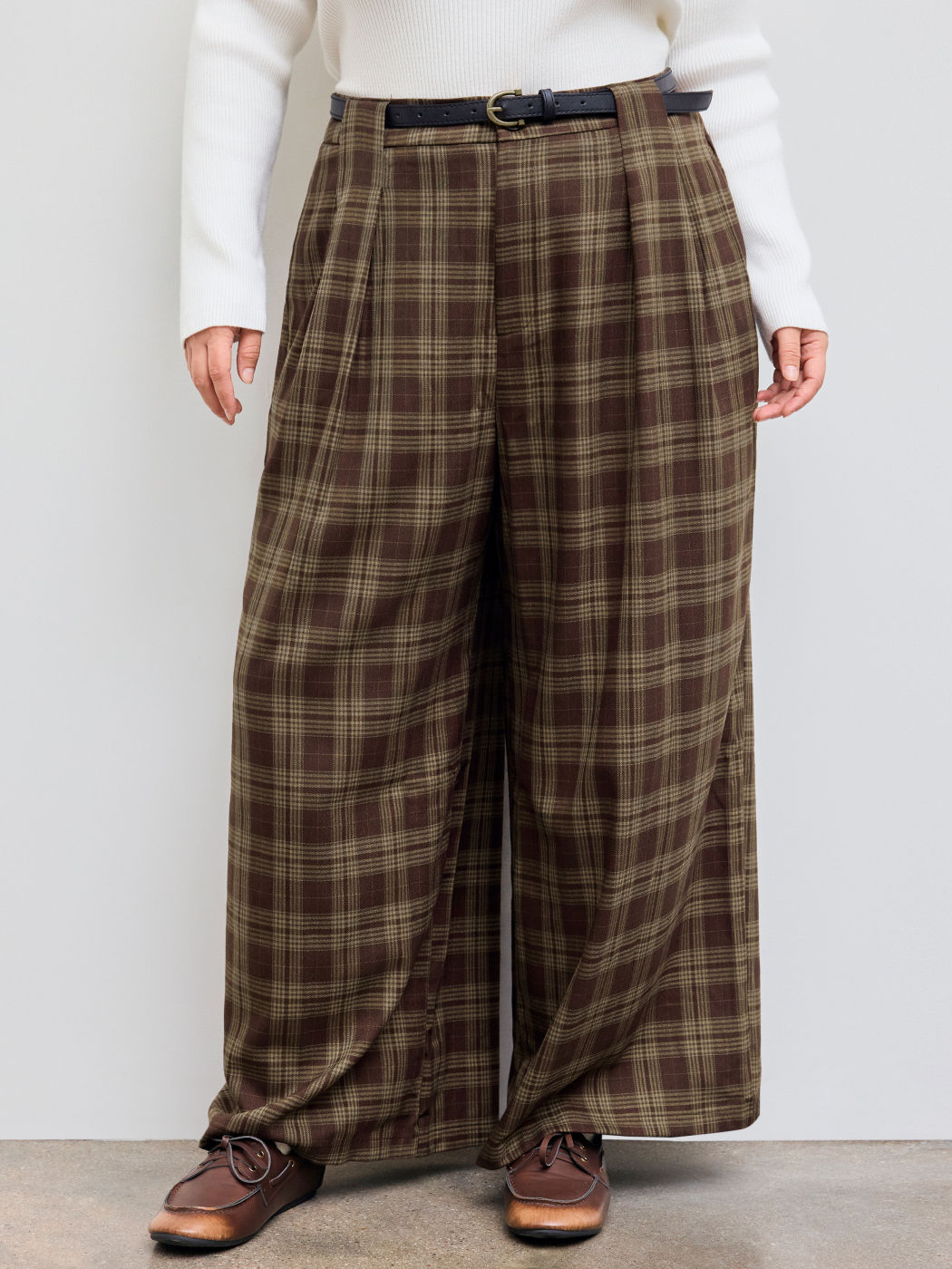 Mid Rise Check Pocket Wide Leg Trousers With Belt Curve & Plus