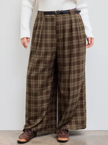 Mid Rise Karo Taschen Weite Hosen Mit Gürtel Kurve & Plus