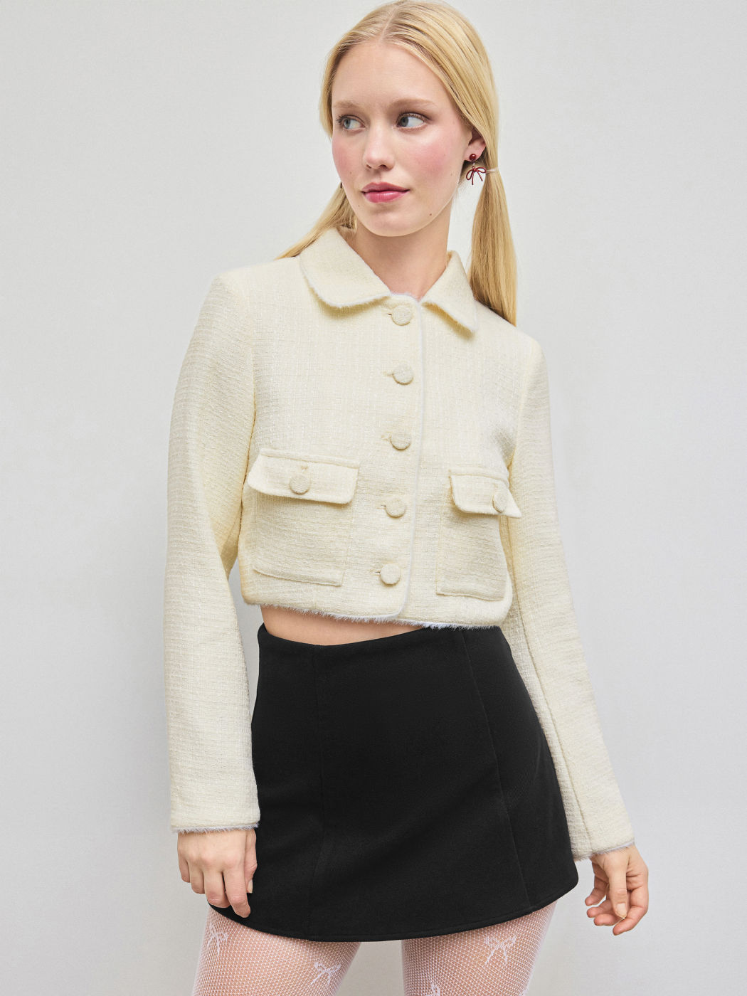 Tweed Collar Solid Button Pocket Crop Jacket