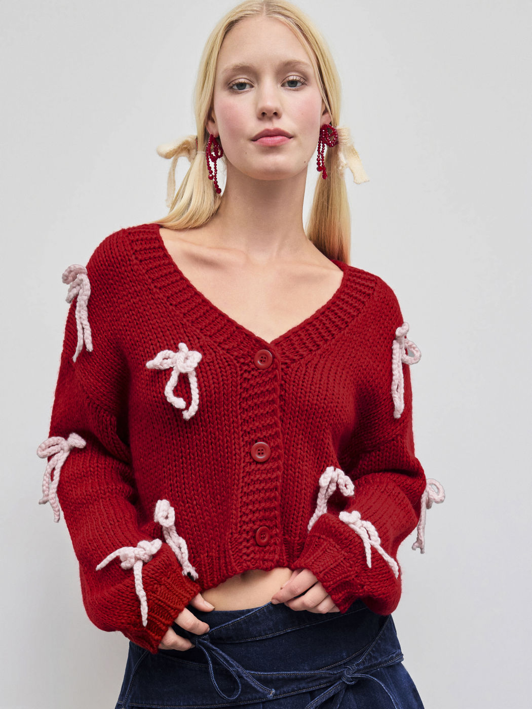 Knit V-neck Bowknot Oversized Cardigan