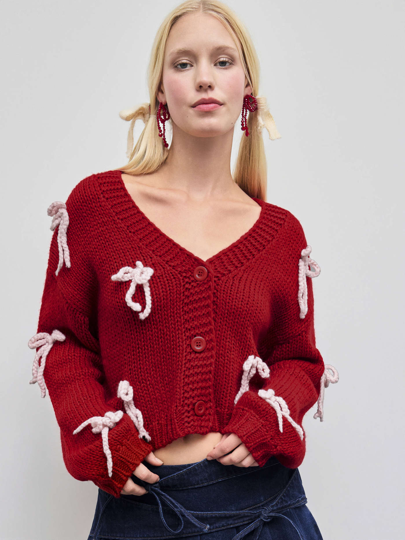 Knit Fabric Knit V-neck Bowknot Oversized Cardigan For Holiday