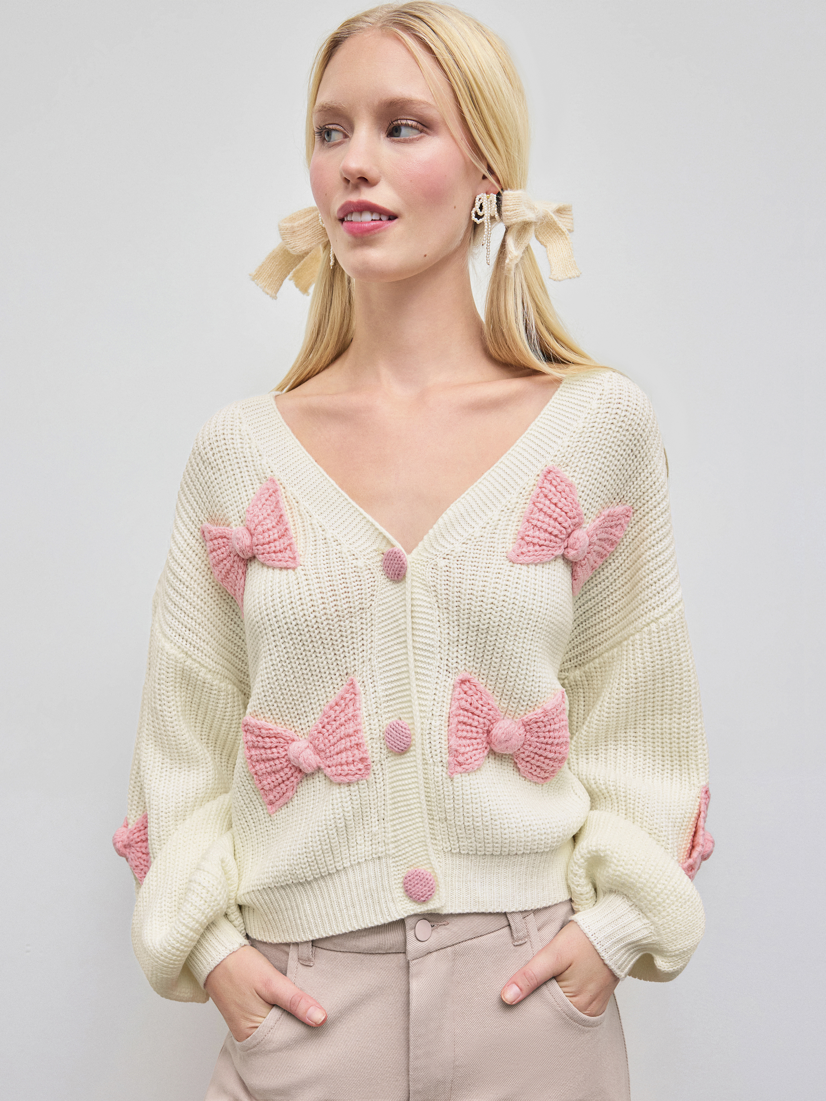 Knit Fabric Jacquard V-neck Lace up Cardigan For School