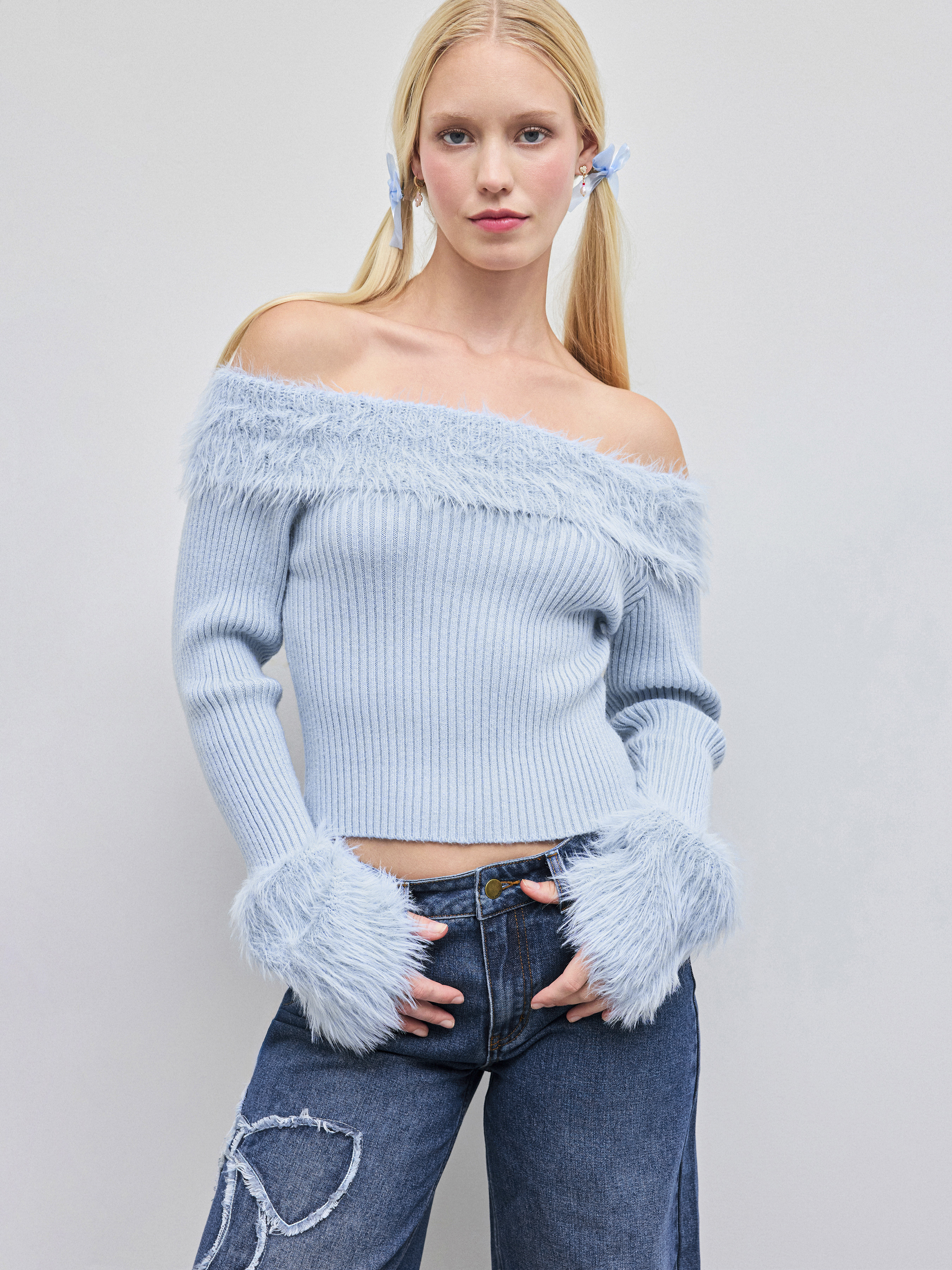 ニット生地 ニット・オフショルダー・ソリッド・フェイクファー