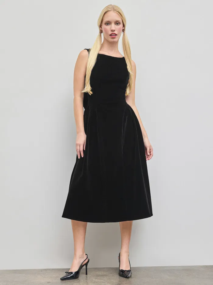 Square Neck Check Pleated Zipper Maxi Dress