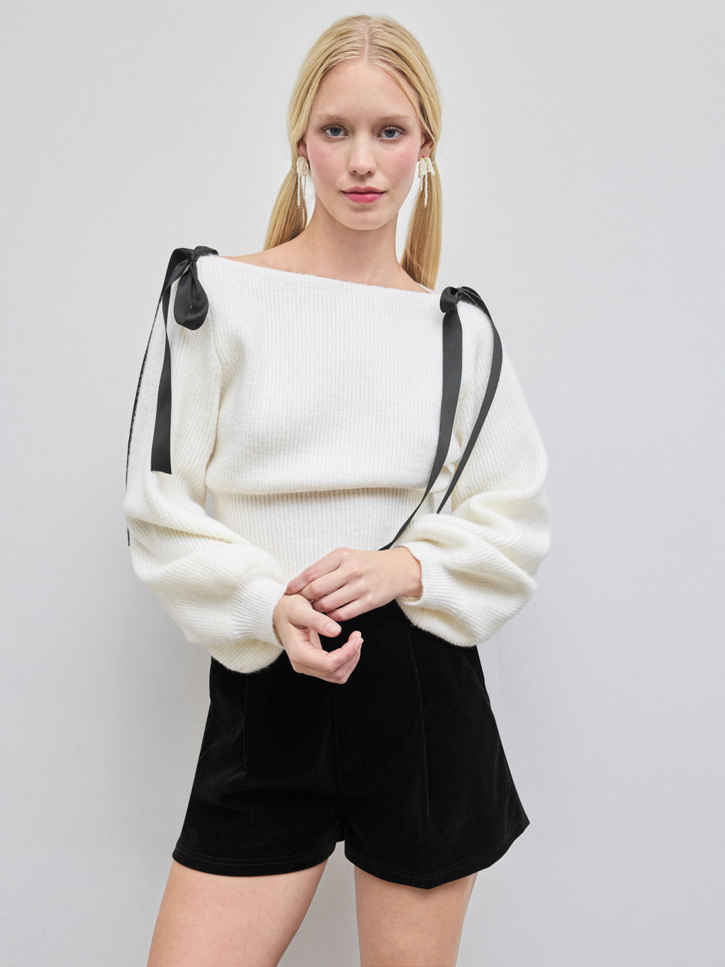 Knit Boot-Ausschnitt Schleife Oversized Pullover