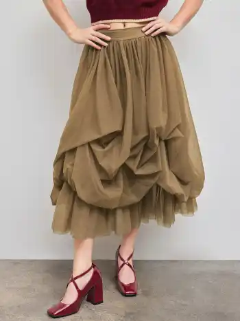 Voluminous Mesh Mid Rise Ruffle Tulle Maxi Skirt