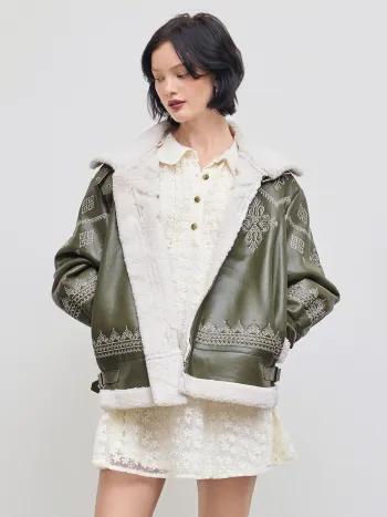 Faux Shearling Stand Collar Aztec Oversized Jacket