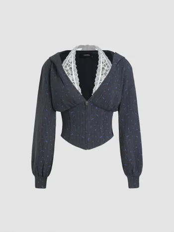 V-Ausschnitt Ditsy Floral Spitzen Korsett Hoodie