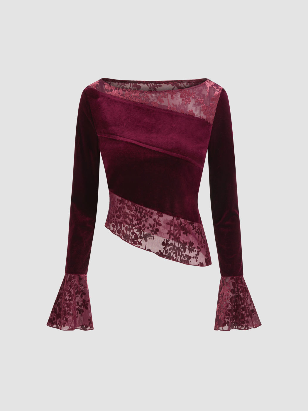 Velvet Boat Neck Lace Asymmetrical Hem Long Sleeve Top