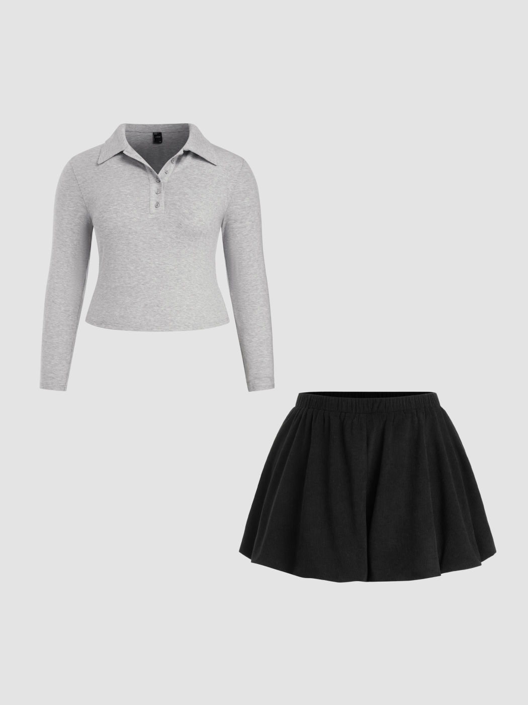 Polo Long Sleeve Top & Mid Rise Bubble Hem Mini Skirt Set Curve & Plus