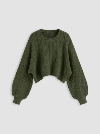 Kabelstrick Rundhals Crop Pullover Kurve & Plus