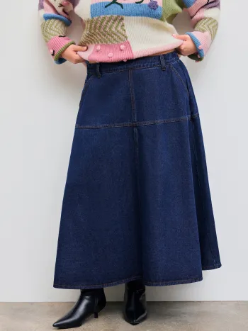 Denim Mid Rise Pocket Ruffle Maxi Skirt Curve & Plus