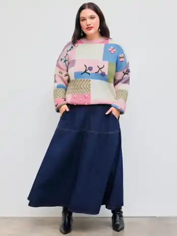 Denim Mid Rise Pocket Ruffle Maxi Skirt Curve & Plus