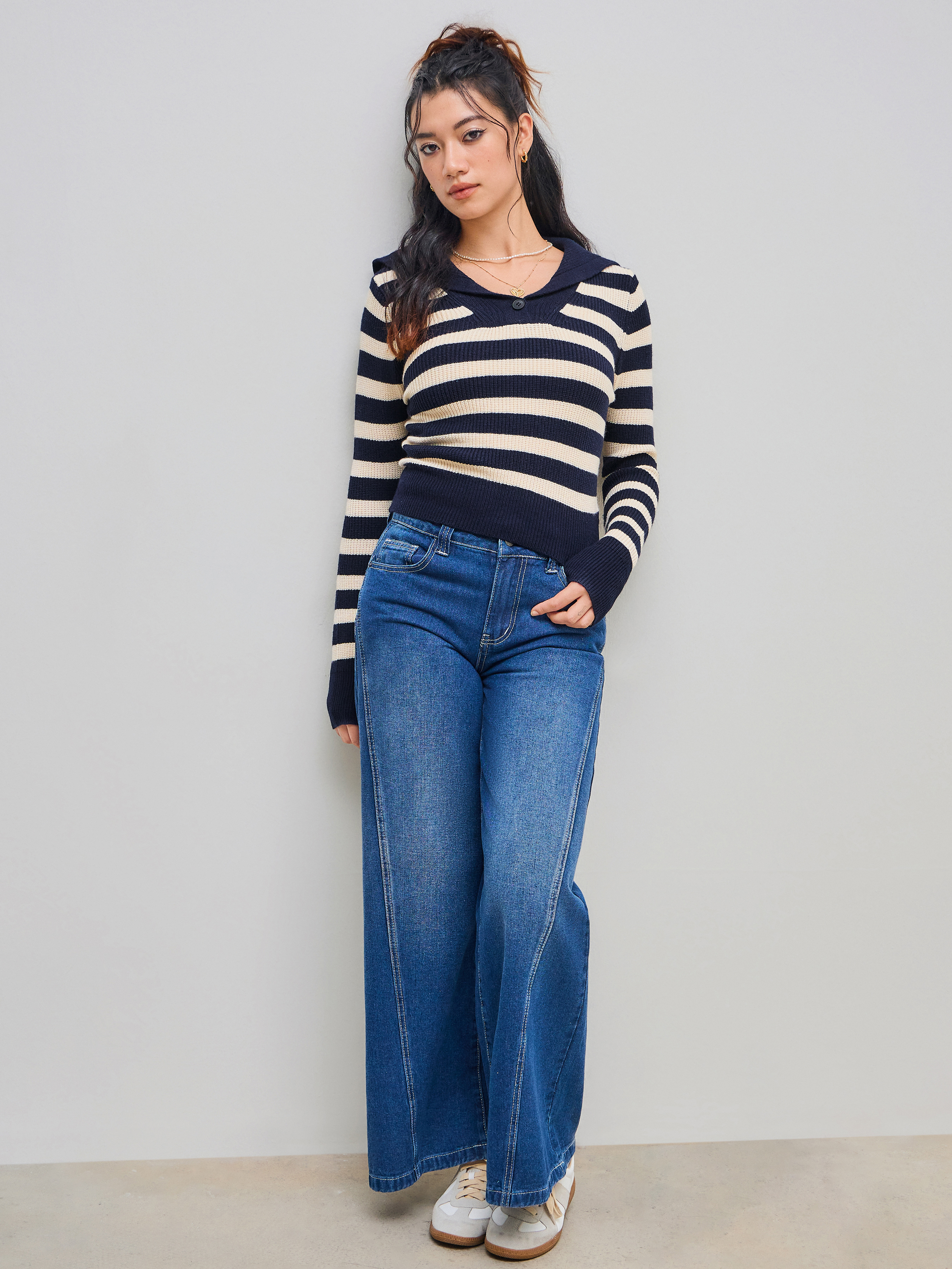 Knit Collar Stripes Long Sleeve Top