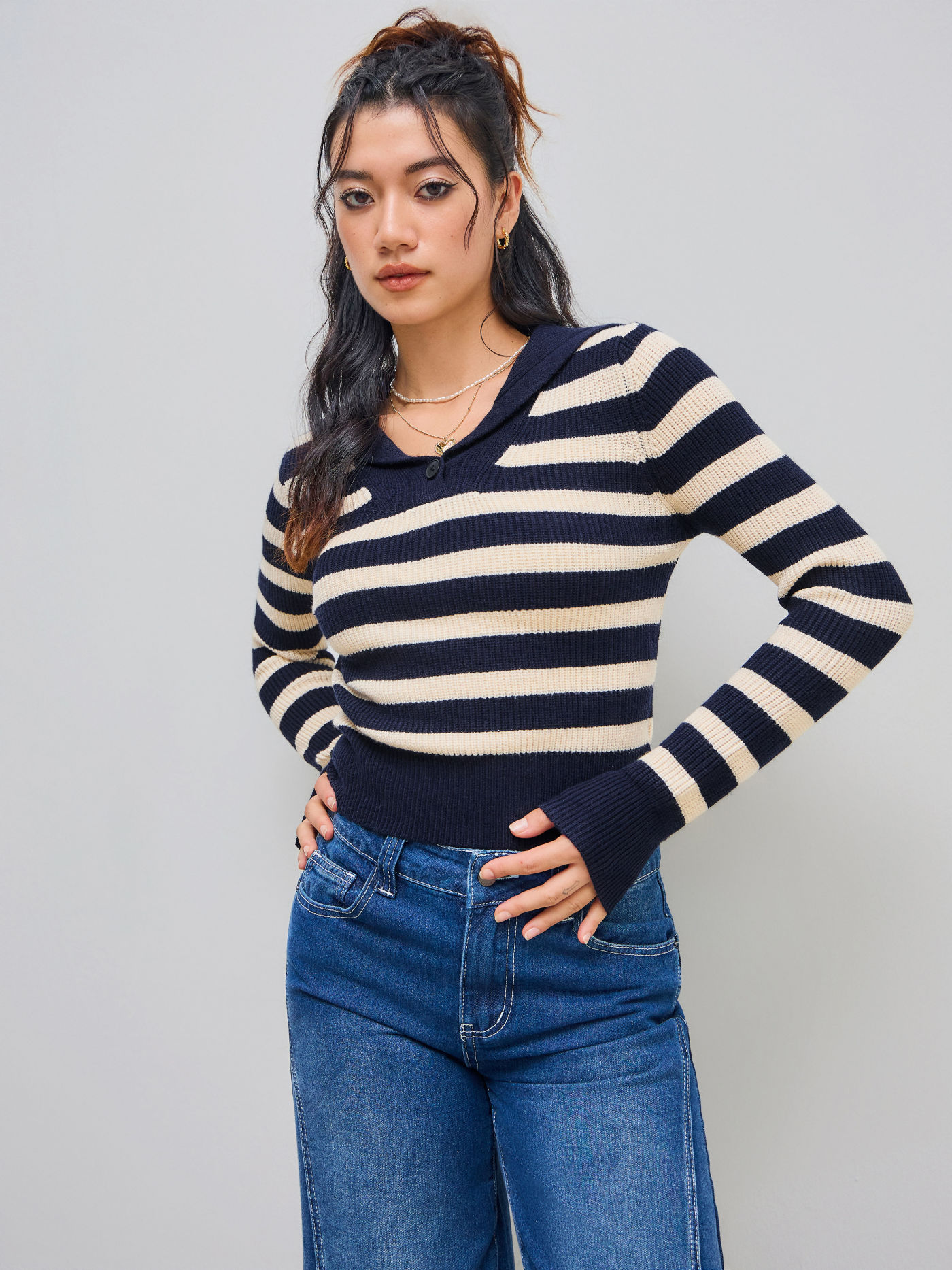 Knit Collar Stripes Long Sleeve Top
