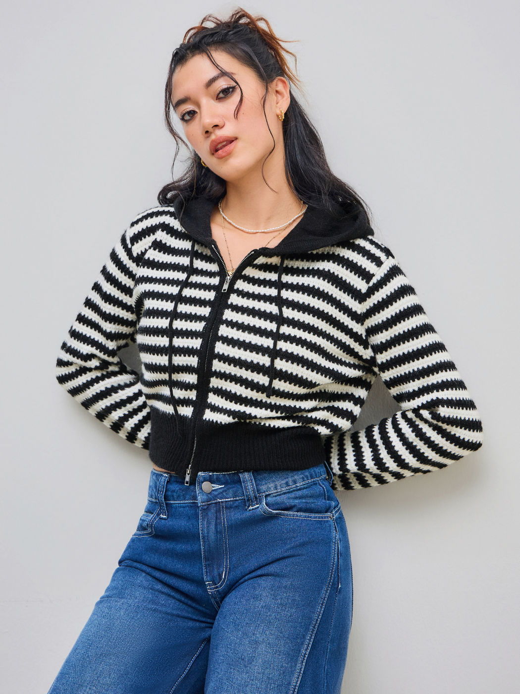 Knit Hooded Striped Drawstring Cardigan