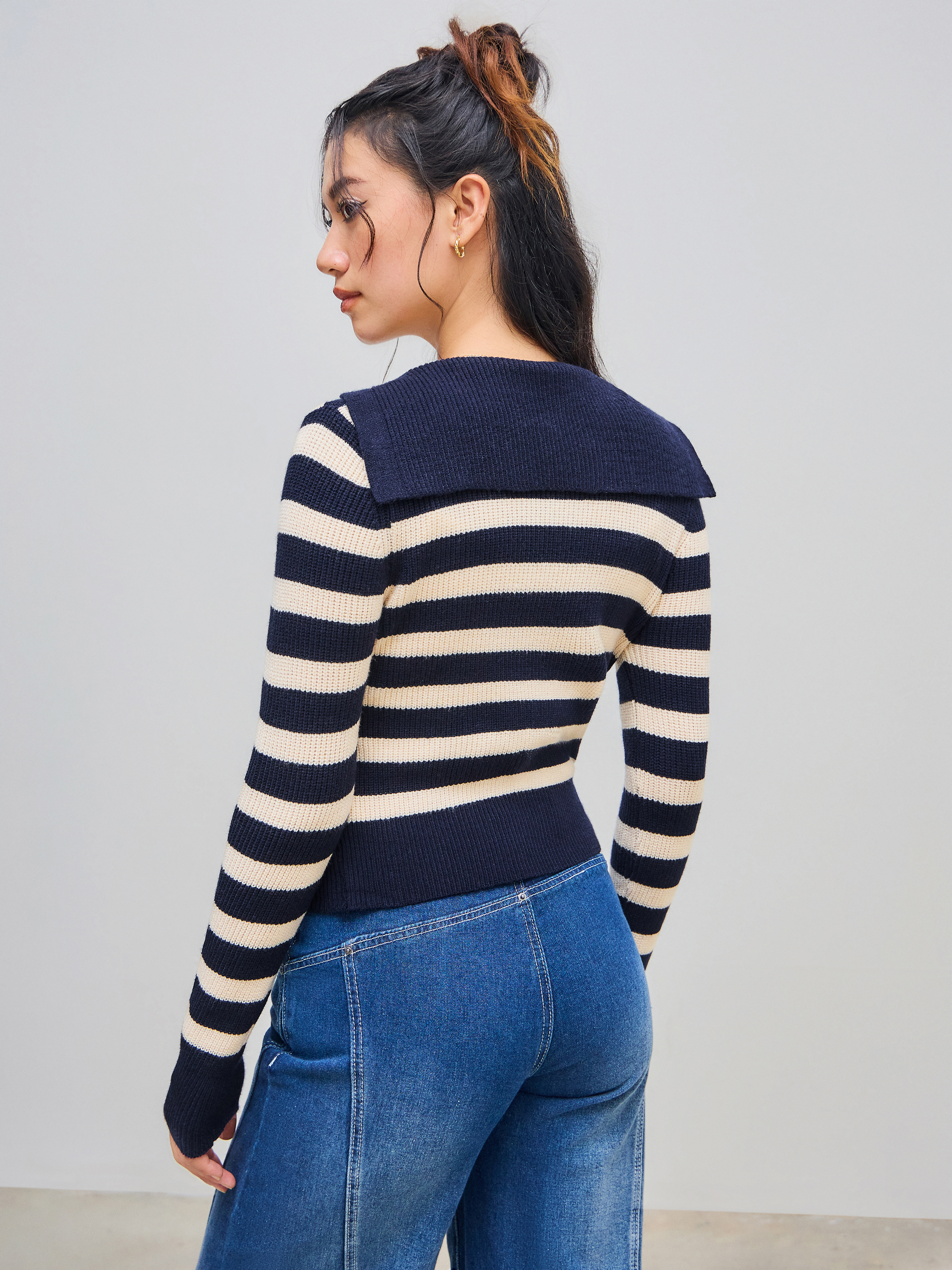 Knit Collar Stripes Long Sleeve Top