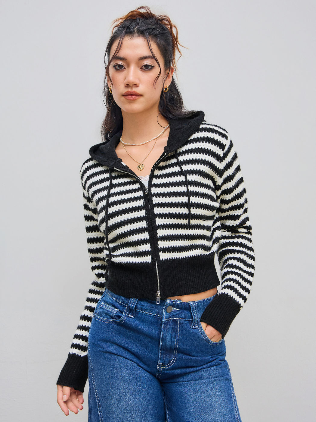 Knit Hooded Striped Drawstring Cardigan