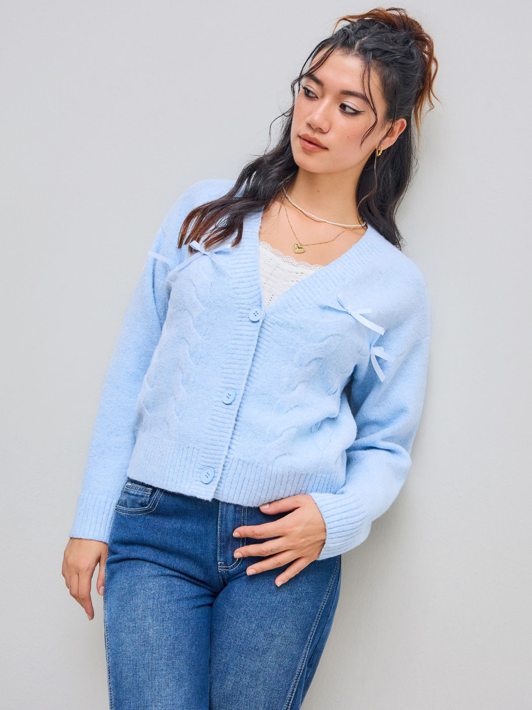 Cable Knit V-neck Bowknot Cardigan