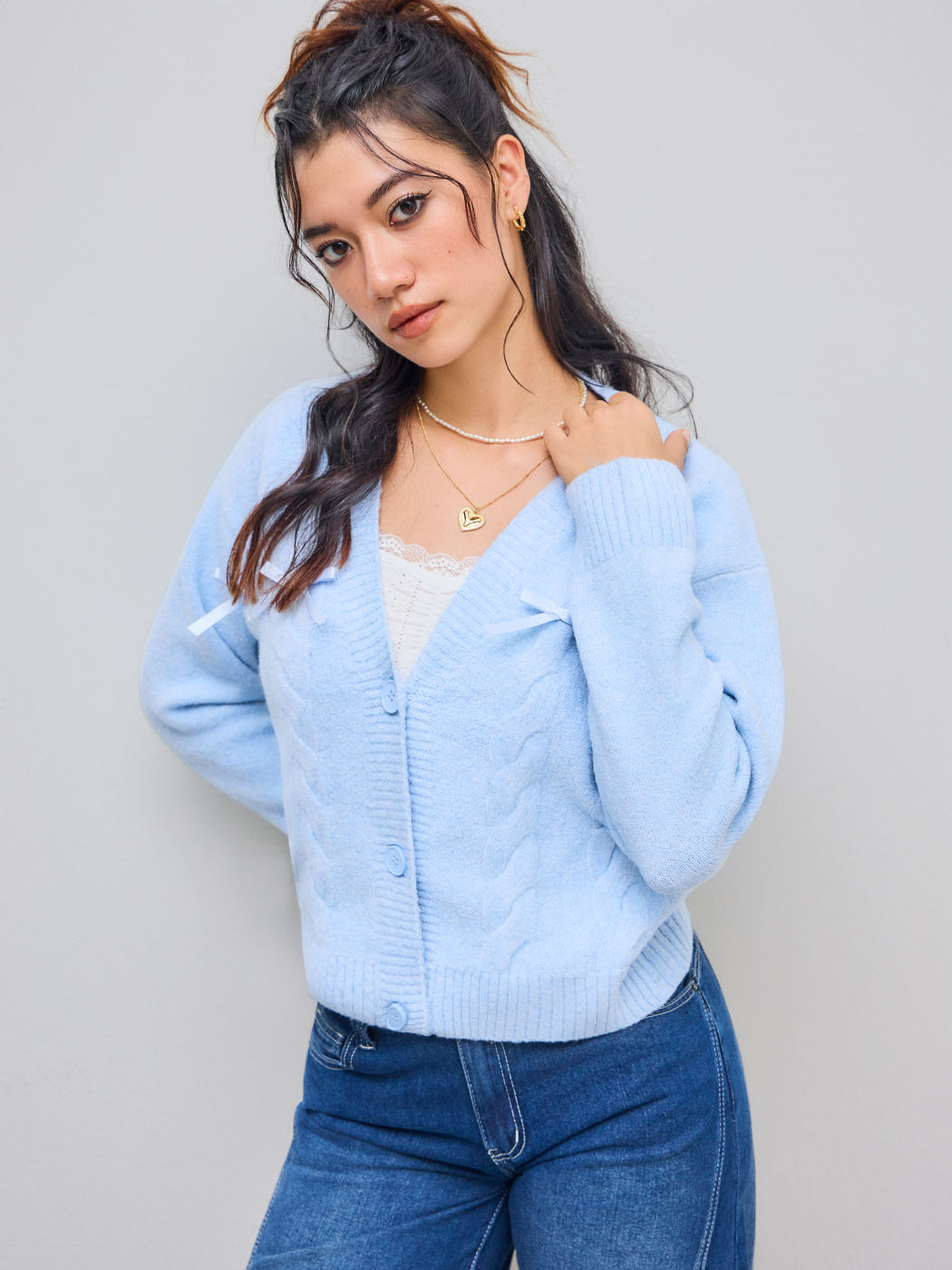Cable Knit V-neck Bowknot Cardigan