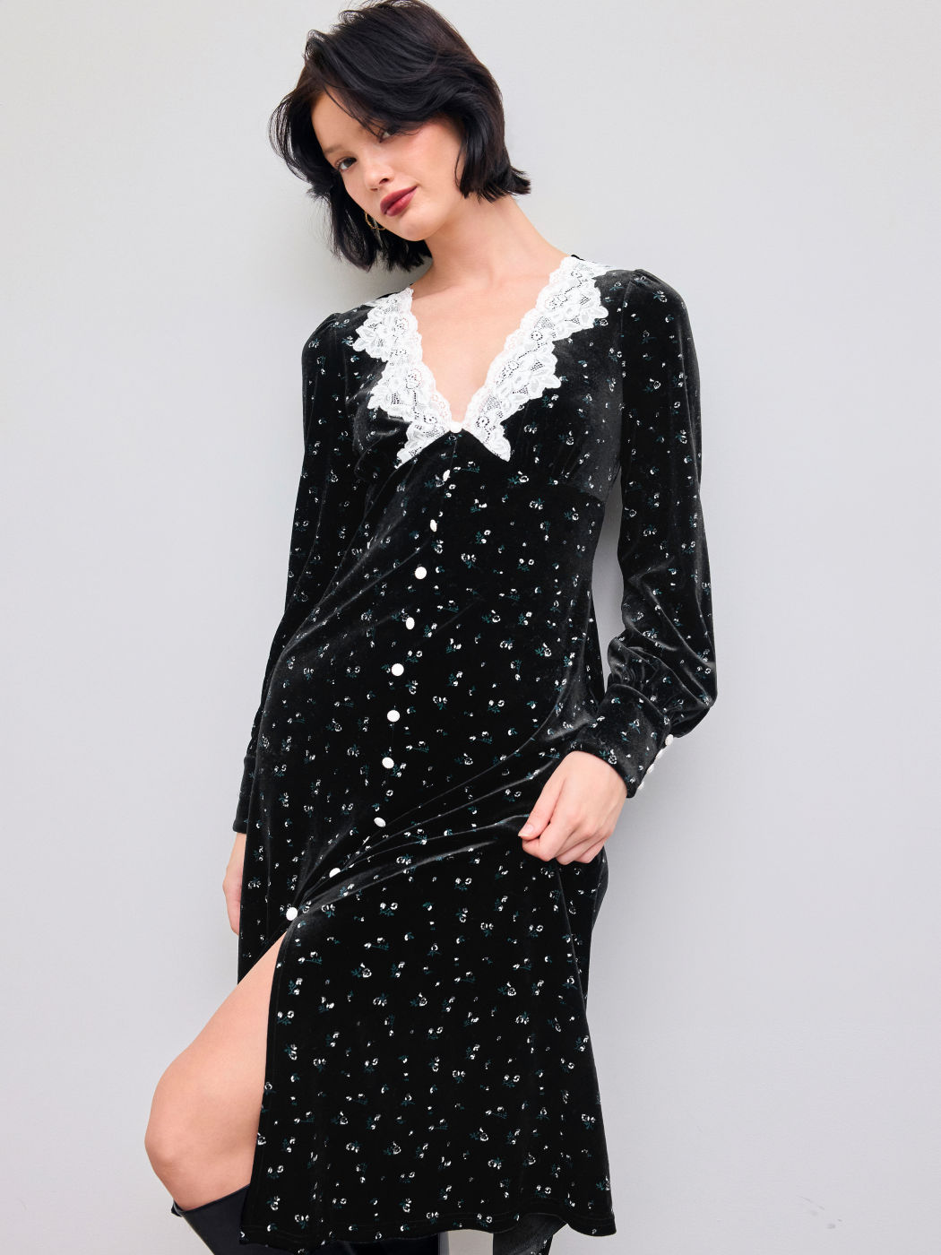 Velvet V-neck Lace Floral Ruffle Midi Dress