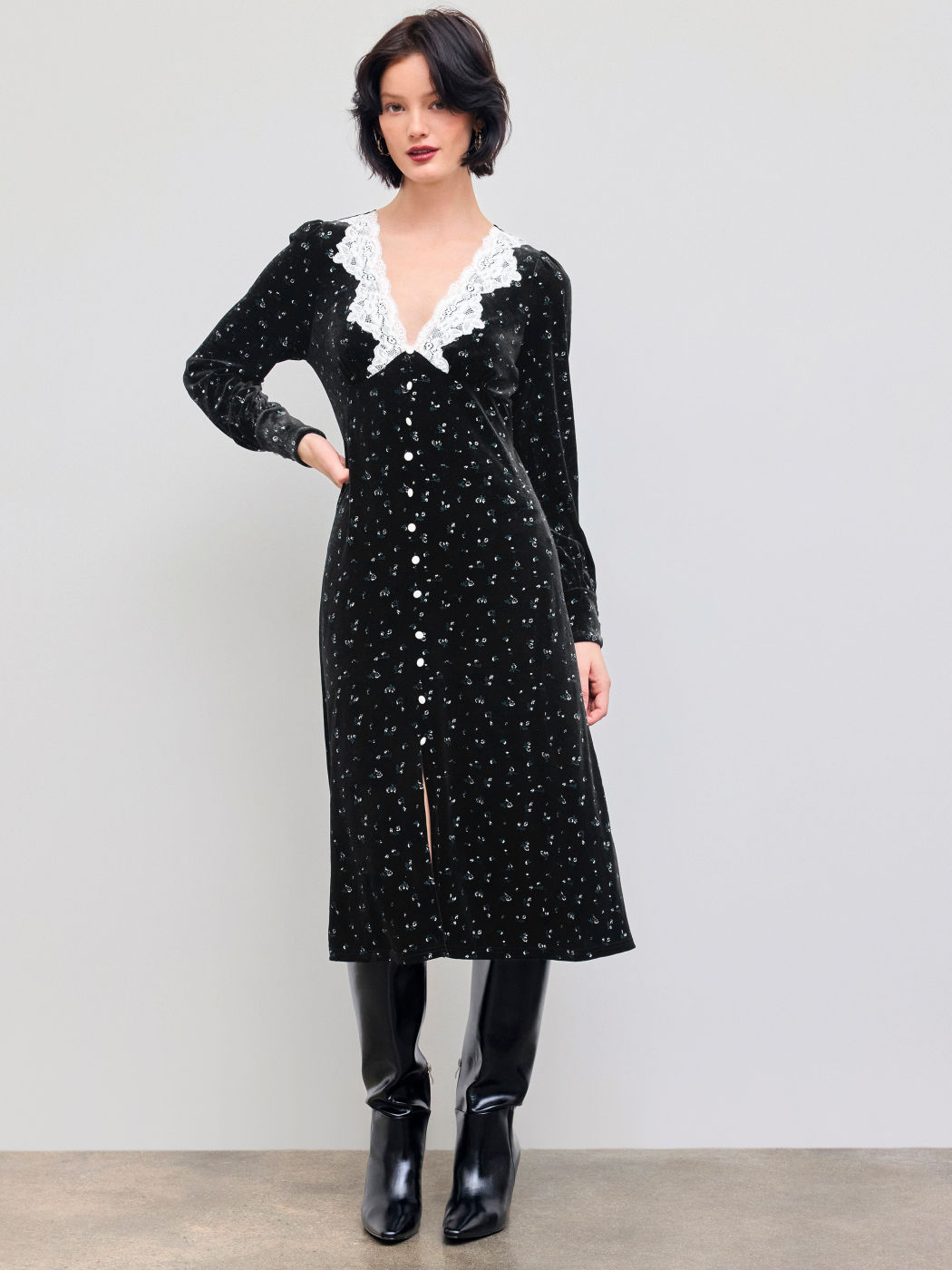 Velvet V-neck Lace Floral Ruffle Midi Dress