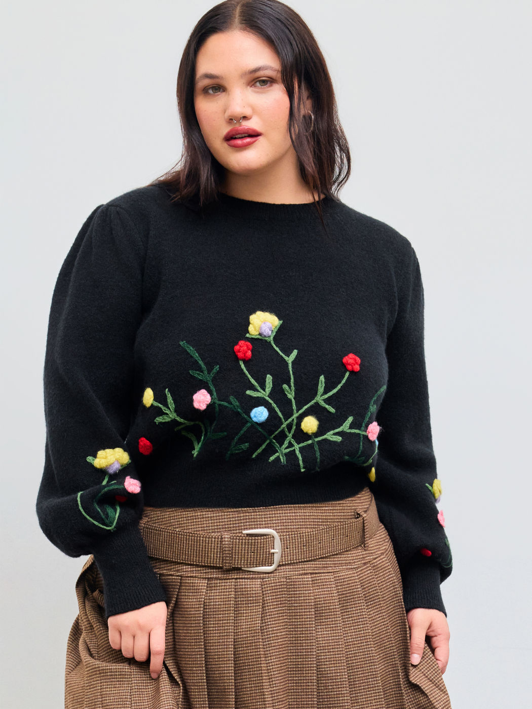 Knit Round Neckline Floral Long Sleeve Sweater Curve & Plus