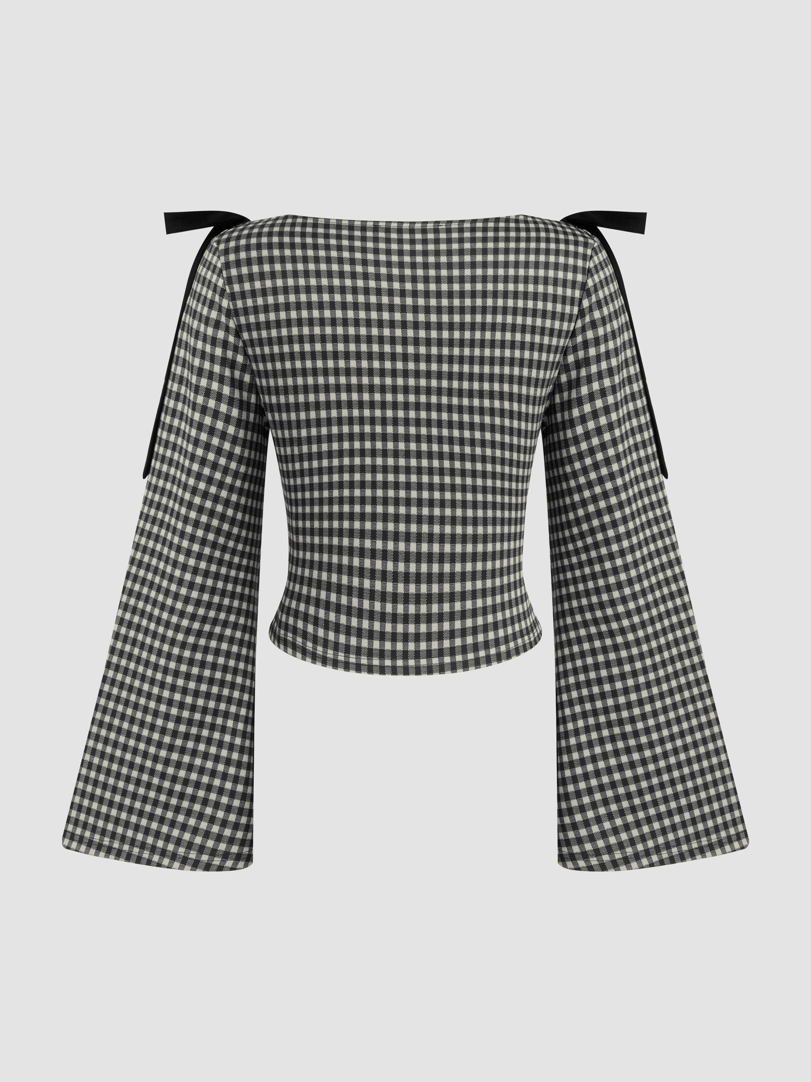Stand Collar Plaid Ruched Split Top