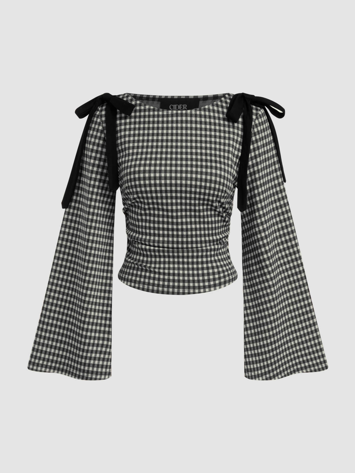 City Chic Knit Fabric Boat Neck Gingham Bowknot Ruched Long Sleeve Top For School