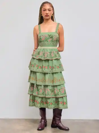 Florale Stickerei Stufen Maxi Cami Kleid