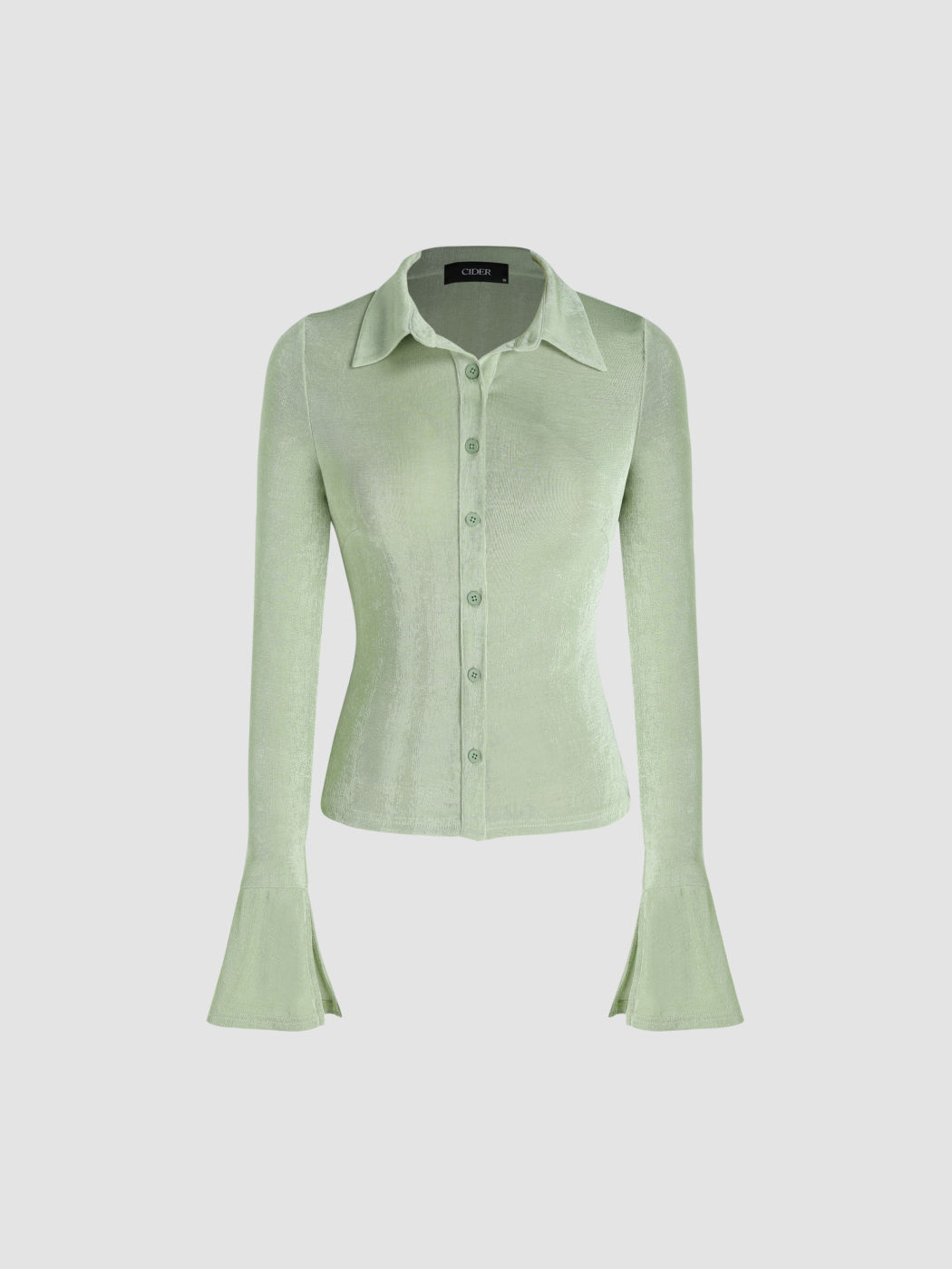 Solid Collar Button Up Bell Sleeve Blouse