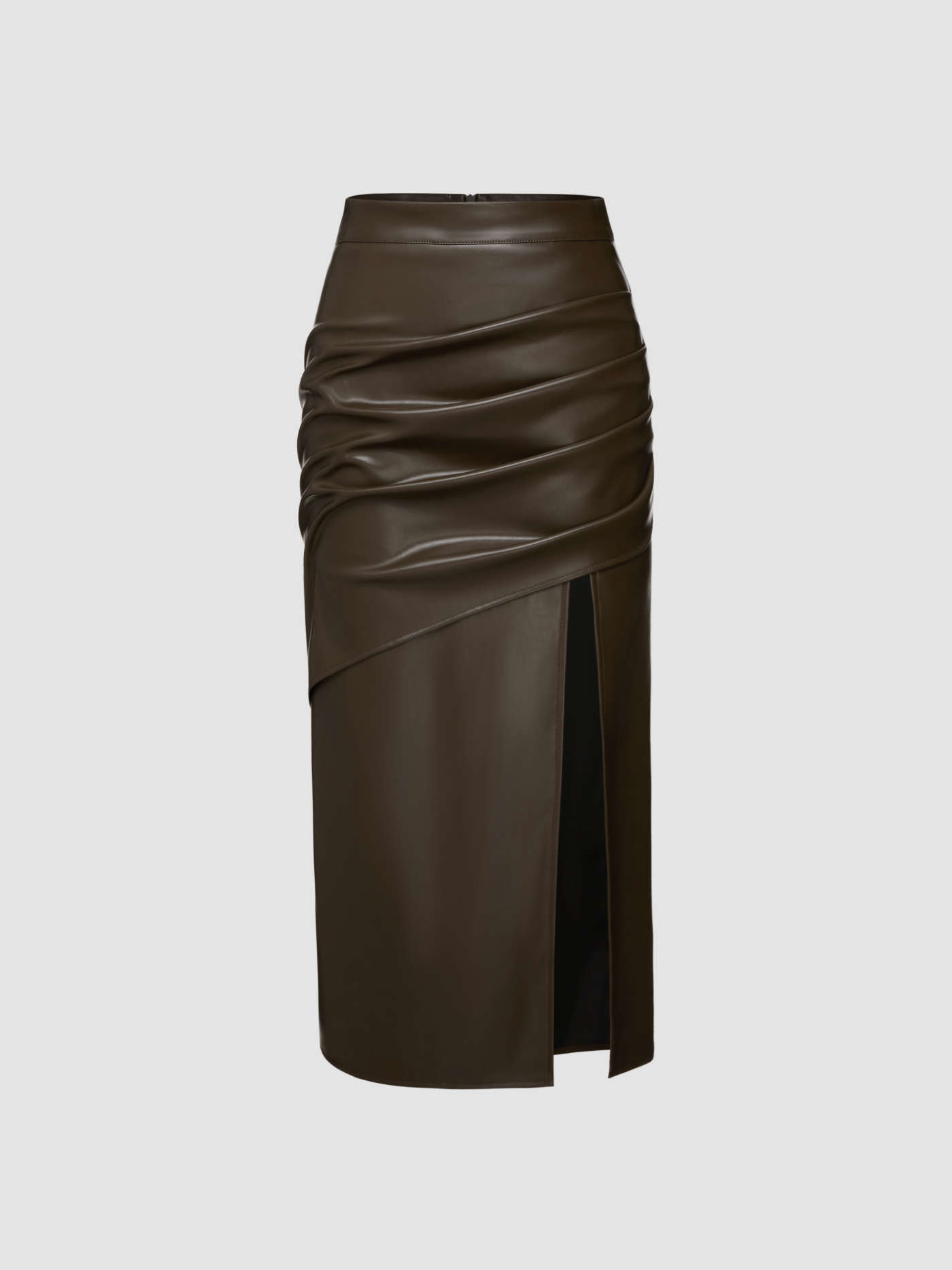 Faux Leather Mid Rise Split Ruched Maxi Skirt