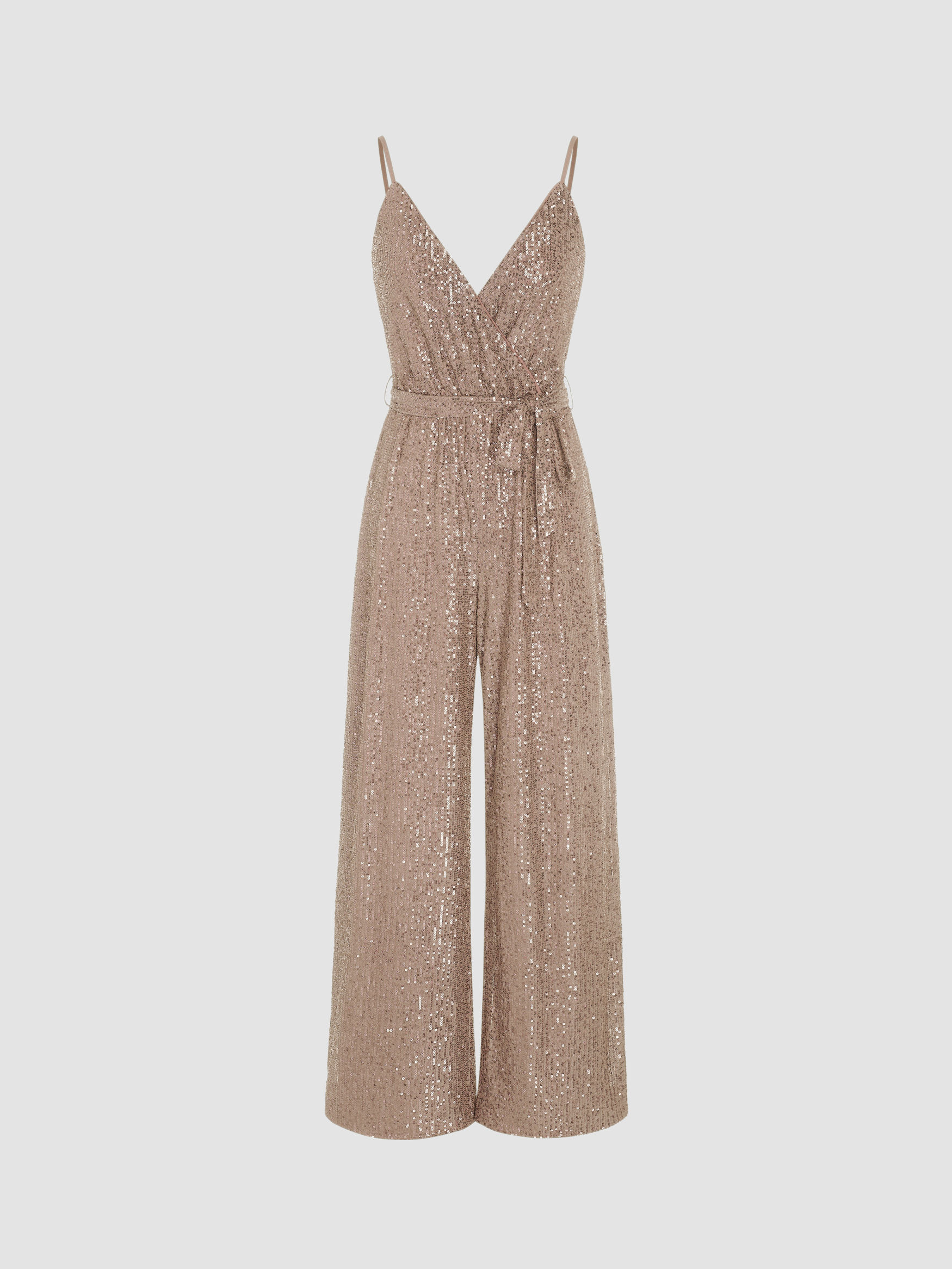 Sequins Sequin V-neck Solid Belted Wide Leg Jumpsuit